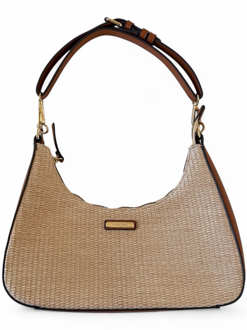 Nanette Lepore Woven Straw Hobo Shoulder Bag Cream Beige Brown Trim